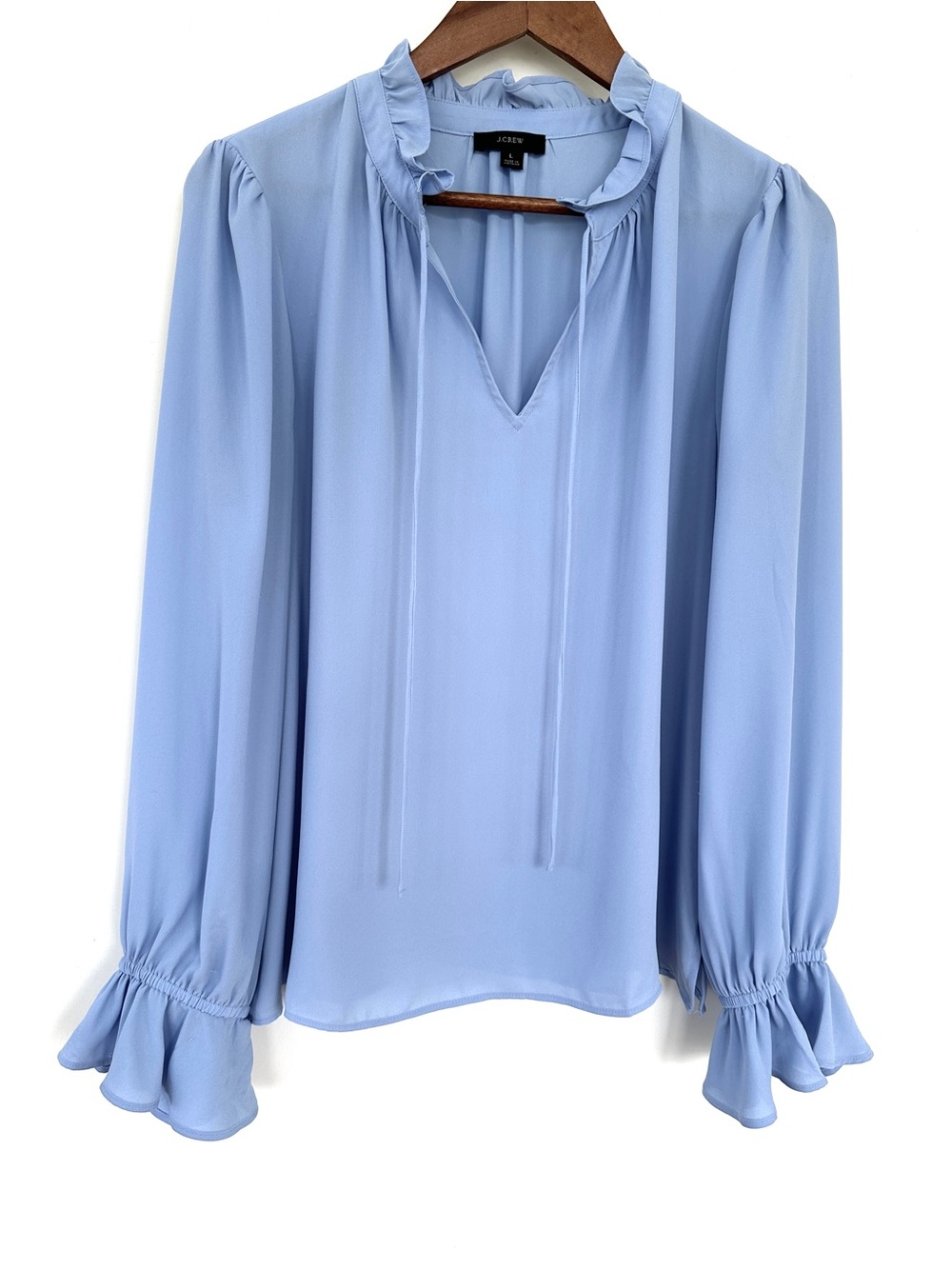 J. Crew Light Blue Ruffle Tie-Neck Blouse, Loose & Flowy Fit